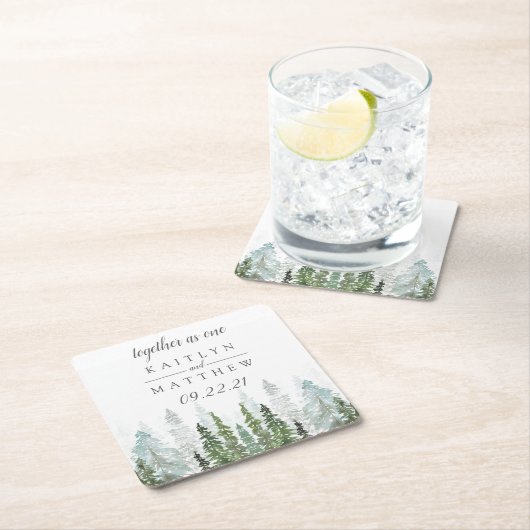 水の色の松の木の森の結婚式の日付を保存 スクエアペーパーコースター (インサイチュ)