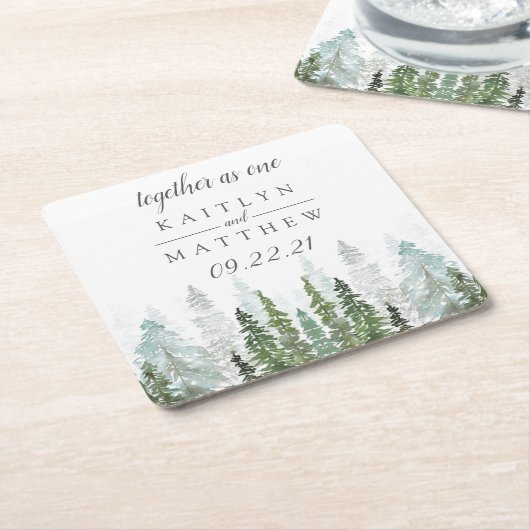 水の色の松の木の森の結婚式の日付を保存 スクエアペーパーコースター (アングル)