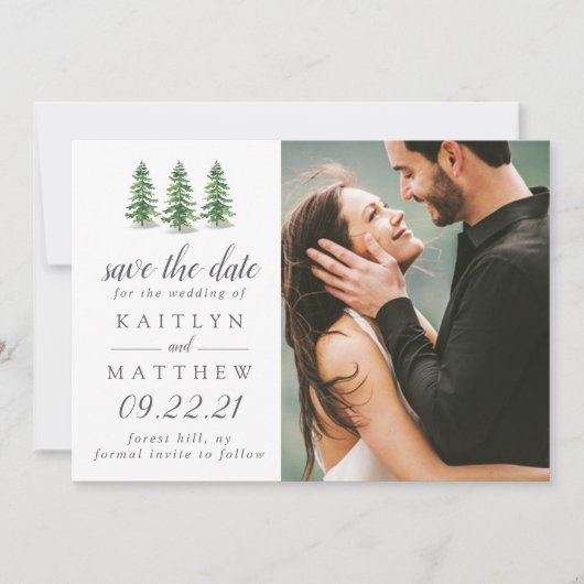 水の色の松の木の森の結婚式の日付を保存 セーブザデート (正面)