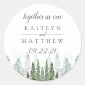 水の色の松の木の森の結婚式の日付を保存 ラウンドシール (正面)