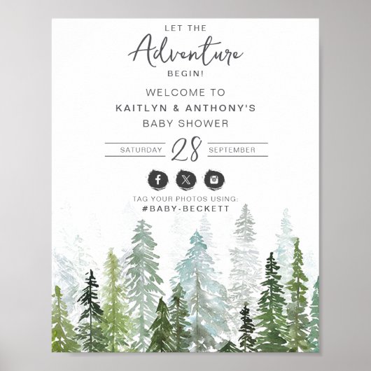 水の色の松の木の森の赤ちゃんシャワーへようこそ ポスター (正面)