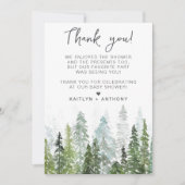 水の色の松の木の森ベビーシャワー サンキューカード (正面)
