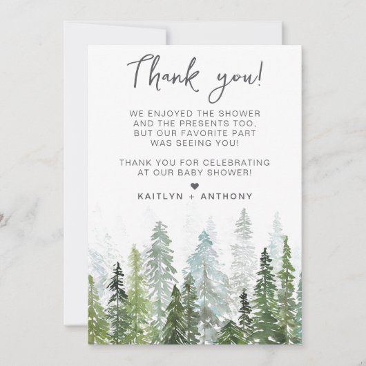 水の色の松の木の森ベビーシャワー サンキューカード (正面)