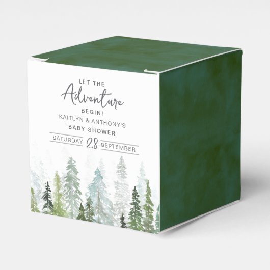 水の色の松の木の森ベビーシャワー フェイバーボックス (正面サイド)