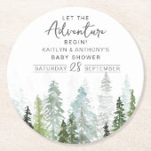 水の色の松の木の森ベビーシャワー ラウンドペーパーコースター (正面)