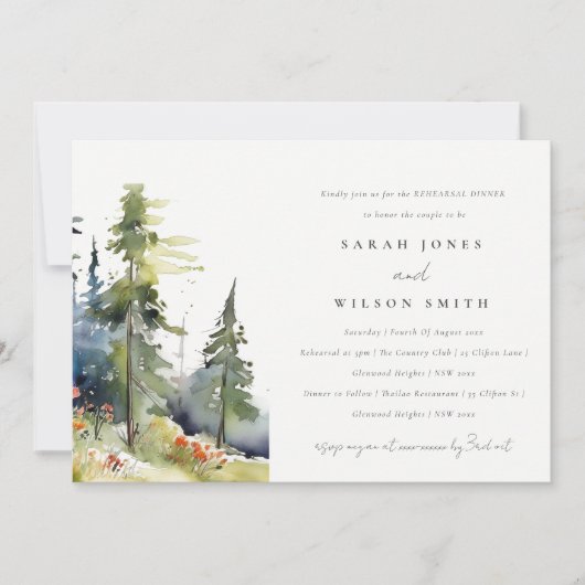 水の色の松の森の風景リハーサルディナー 招待状 (正面)