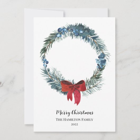 水の色の果実と緑のリースクリスマス 招待状 (正面)