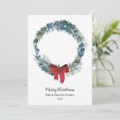 水の色の果実と緑のリースクリスマス 招待状 (スタンド正面)