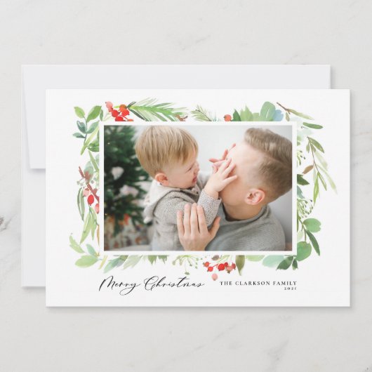 水の色の果実の緑のフレームメリークリスマス シーズンカード (正面)