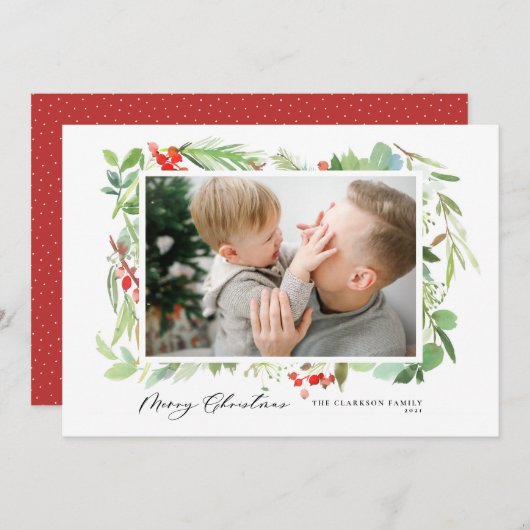 水の色の果実の緑のフレームメリークリスマス シーズンカード (正面/裏面)