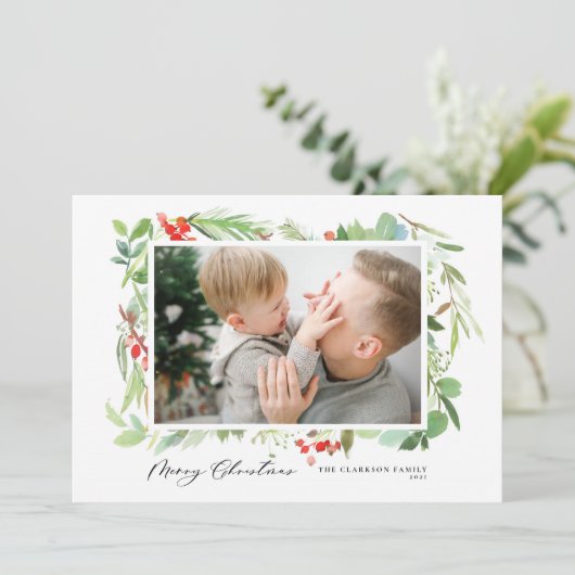 水の色の果実の緑のフレームメリークリスマス シーズンカード (スタンド正面)