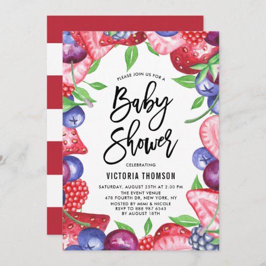 水の色の果実フレーム夏のベビーシャワー 招待状 (正面/裏面)