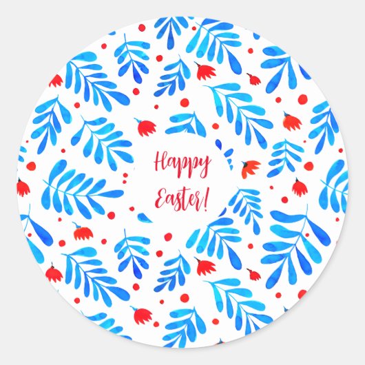 水の色の枝と花イースターステッカー ラウンドシール (正面)
