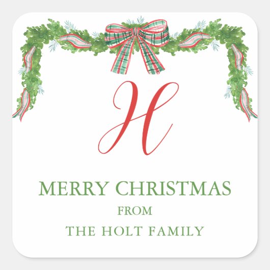 水の色の格子弓ガーランドクリスマス スクエアシール (正面)