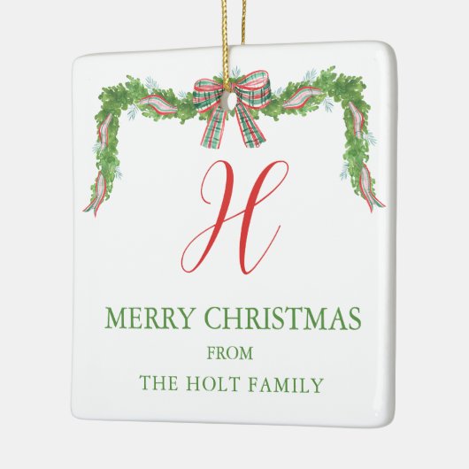 水の色の格子弓ガーランドクリスマス セラミックオーナメント (左)