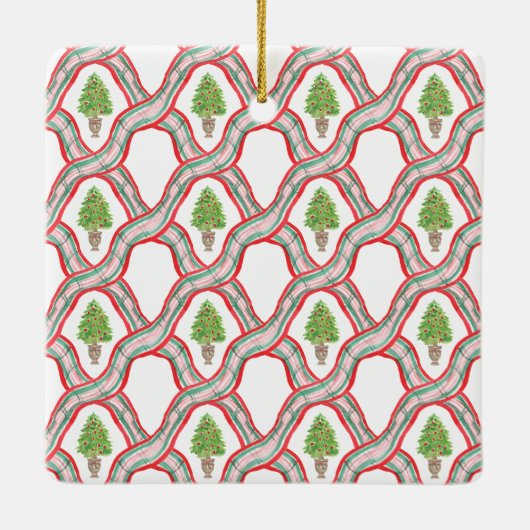 水の色の格子弓ガーランドクリスマス セラミックオーナメント (裏面)