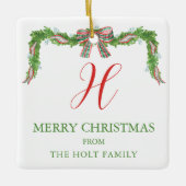 水の色の格子弓ガーランドクリスマス セラミックオーナメント (正面)