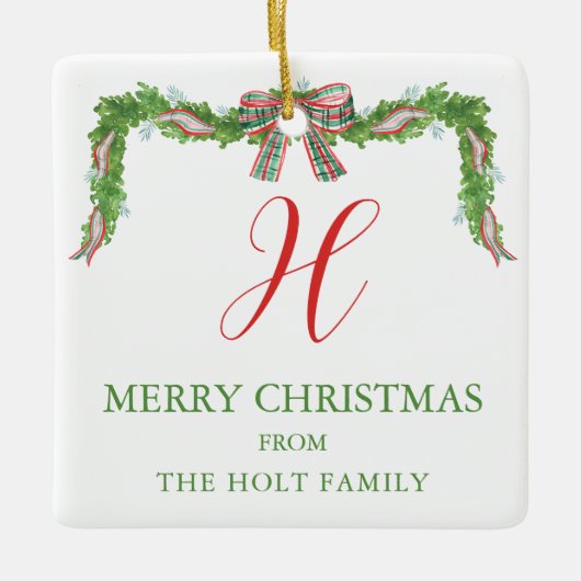 水の色の格子弓ガーランドクリスマス セラミックオーナメント (正面)