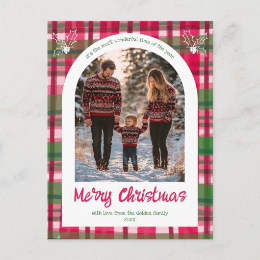 水の色の格子模様のクリスマスカスタムアーチ3写真 シーズンポストカード (正面)