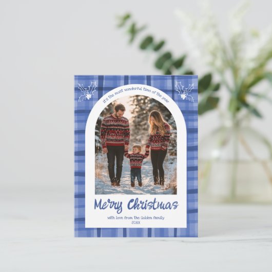 水の色の格子模様のクリスマスカスタムアーチ3写真 シーズンポストカード (スタンド正面)