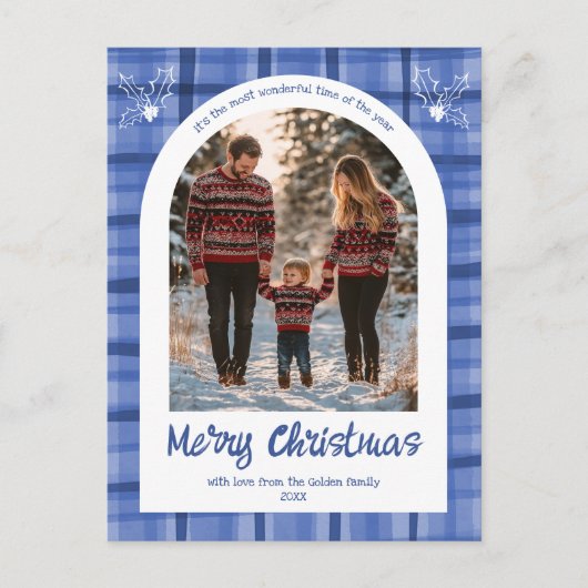 水の色の格子模様のクリスマスカスタムアーチ3写真 シーズンポストカード (正面)