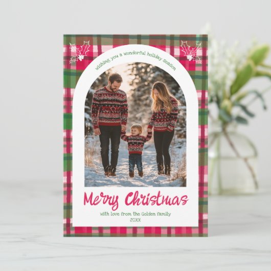 水の色の格子模様のクリスマスカスタムアーチ5写真 シーズンカード (スタンド正面)