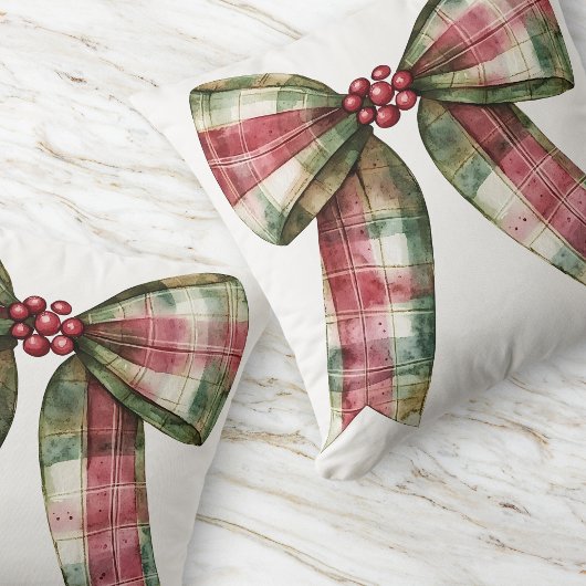 水の色の格子模様クリスマスボウレッドグリーン素朴 クッション