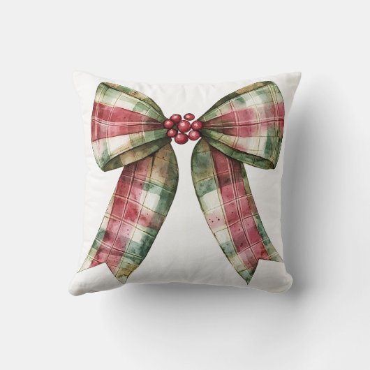水の色の格子模様クリスマスボウレッドグリーン素朴 クッション (裏面)