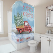水の色の格子模様レッドトラック雪ファミリークリスマス シャワーカーテン (インサイチュ)