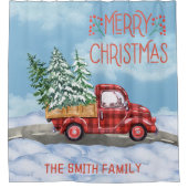 水の色の格子模様レッドトラック雪ファミリークリスマス シャワーカーテン (正面)