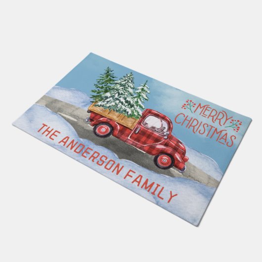 水の色の格子模様レッドトラック雪ファミリークリスマス ドアマット (アングル)