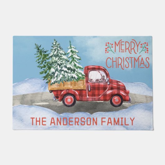 水の色の格子模様レッドトラック雪ファミリークリスマス ドアマット (正面)