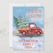 水の色の格子赤いトラック雪メリークリスマス シーズンカード (正面)