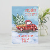 水の色の格子赤いトラック雪メリークリスマス シーズンカード (スタンド正面)
