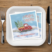 水の色の格子赤いトラック雪メリークリスマス スタンダードカクテルナプキン