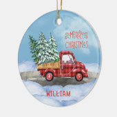 水の色の格子赤いトラック雪メリークリスマス セラミックオーナメント (左)