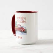 水の色の格子赤いトラック雪メリークリスマス マグカップ (正面左)