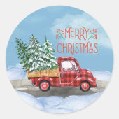 水の色の格子赤いトラック雪メリークリスマス ラウンドシール (正面)