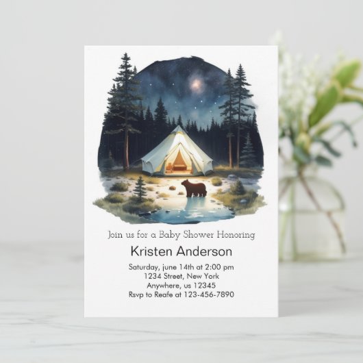 水の色の森の冒険が赤ちゃんのシャワーを待つ 招待状 (スタンド正面)