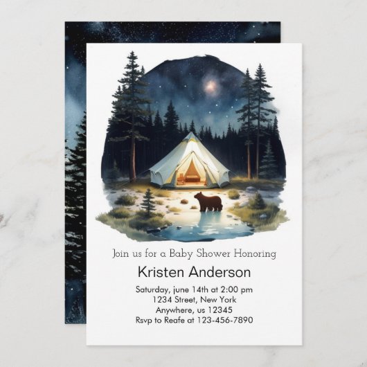 水の色の森の冒険が赤ちゃんのシャワーを待つ 招待状 (正面/裏面)