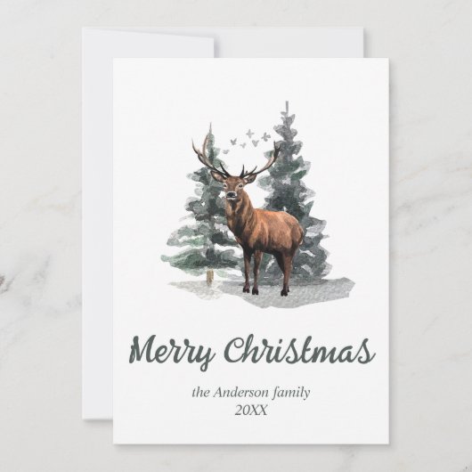水の色の森の木トナカイのメリークリスマス シーズンカード (正面)