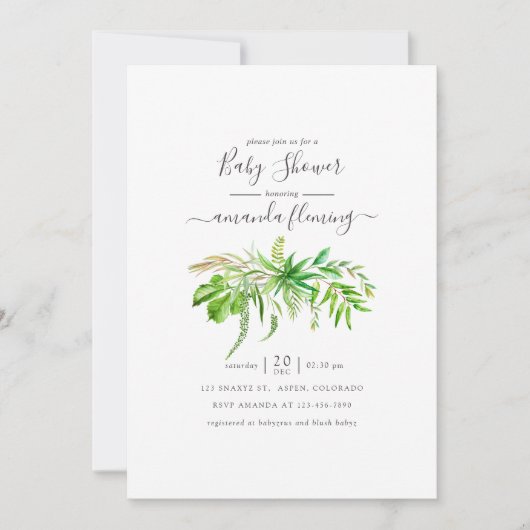 水の色の森の緑のベビーシャワー 招待状 (正面)