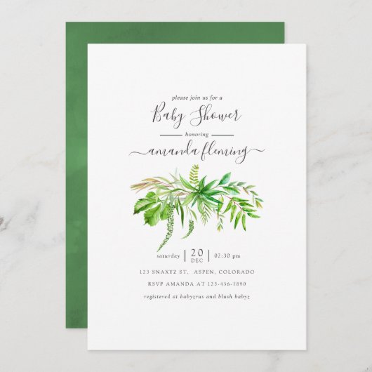 水の色の森の緑のベビーシャワー 招待状 (正面/裏面)