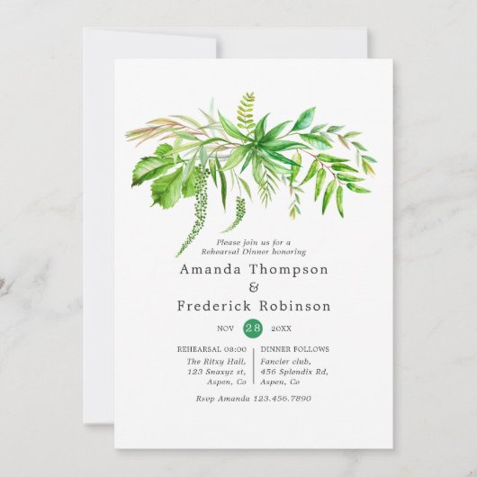 水の色の森の緑のリハーサルディナー 招待状 (正面)