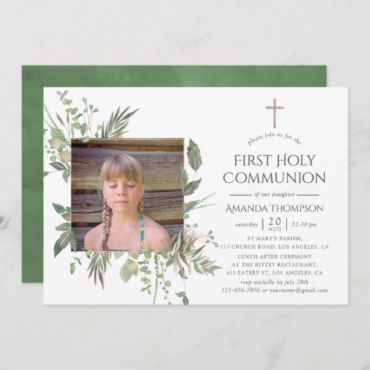水の色の森の緑の最初の聖餐式 招待状 (正面/裏面)