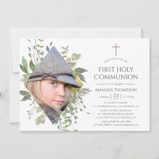 水の色の森の緑の最初の聖餐式 招待状 (正面)
