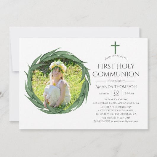 水の色の森の緑の最初の聖餐式 招待状 (正面)