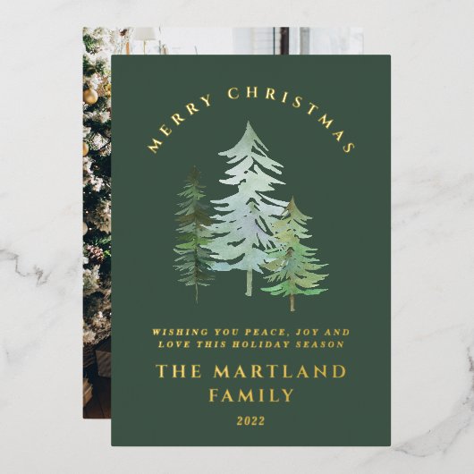 水の色の森メリークリスマスホリデーフォト 箔シーズンカード (正面/裏面)