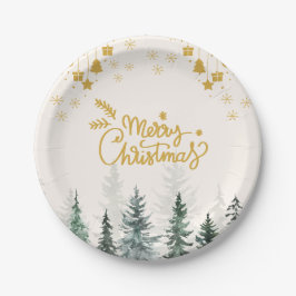 水の色の森メリークリスマスホリデー ペーパープレート