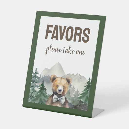 水の色の森、テディベア、赤ちゃんシャワーの好意 台座サイン (正面)